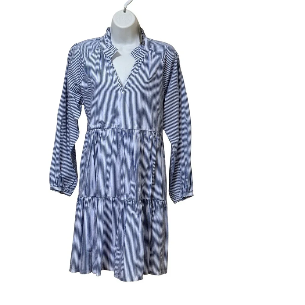J.Crew Blue White Striped Tiered Mini Dress Long Sleeve Ruffle Neck NWT Small